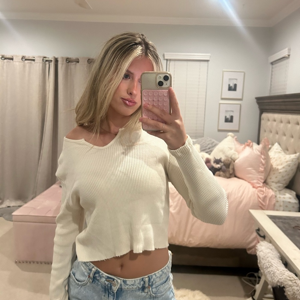 Cream Ribbed Off-Shoulder Sweater